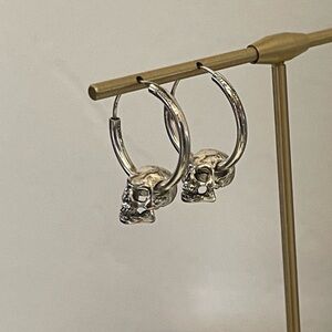 Skull Hoop Earrings - Silver hoop earrings with skull charms